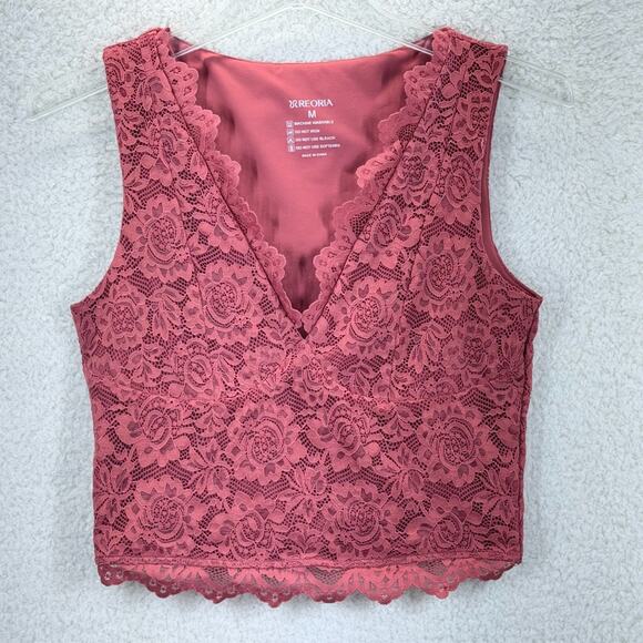 Reoria Lace Trim Top Women Sze M V Neck Sleeveless Crop Top Floral Y2K Going Out - Picture 2 of 11